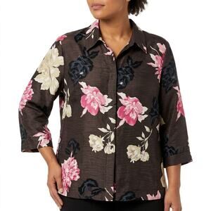 Silk Land 100% Silk Brown Floral Blouse Women Plus Size 1X